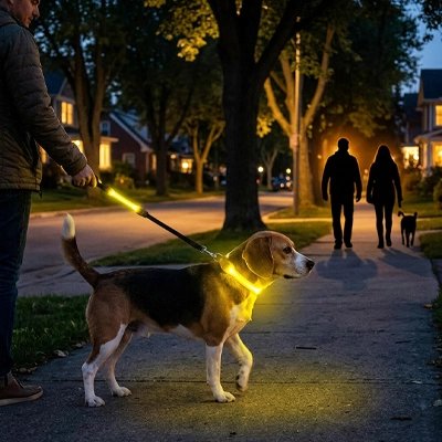 Collier Chien lumineux (vendu seul) et laisse assortie lumineuse chien en balade