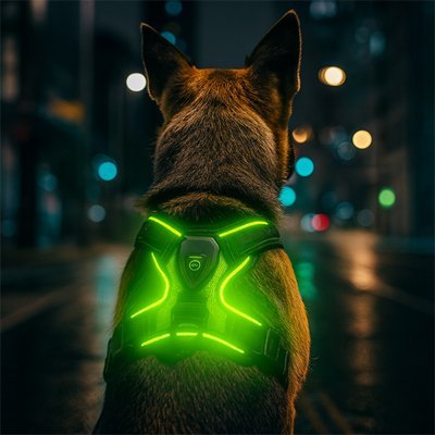 Harnais chien lumineux vert vue dos avec attaches visibles | Confort Sécurisé - Galaxie Des Chiens