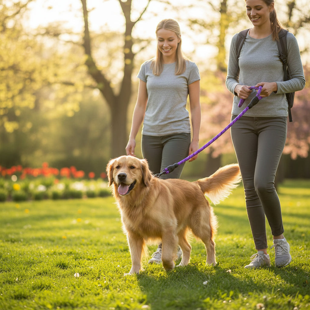 Laisse réfléchissante pour chien  - coloris violet, poignée ergonomique noire noire