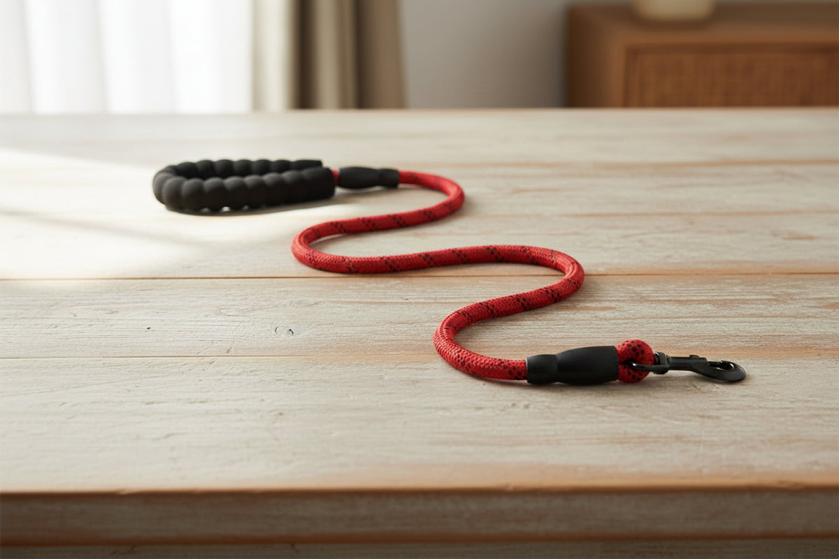 Laisse réfléchissante pour chien - coloris rouge posée sur une table, bandes réfléchissantes intégrées