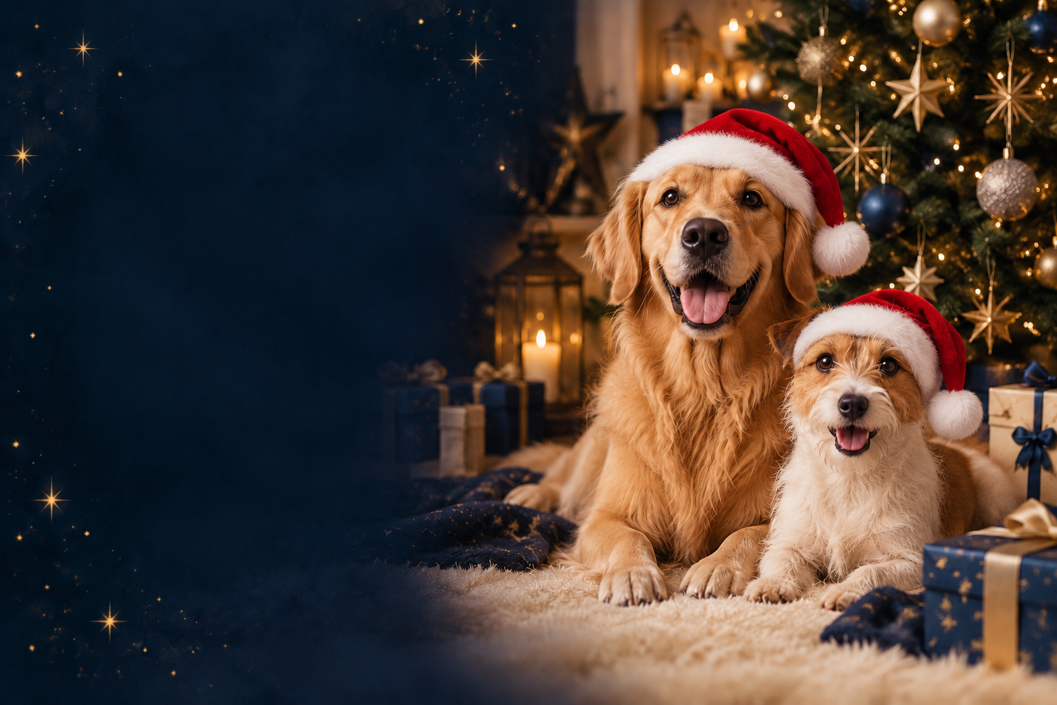 Bannière de Noël avec des bonnets de Père Noël sur les chiens