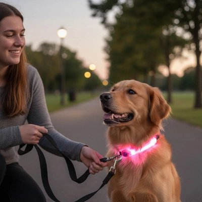 Collier Chien lumineux rose avec boucle pour attacher la laisse