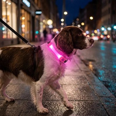 Collier Chien lumineux rose-Ajustable-rechargeable-luminosité visible à 500metres