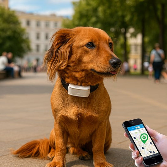 Collier GPS Chien boitier blanc collier noir porté chien assis face