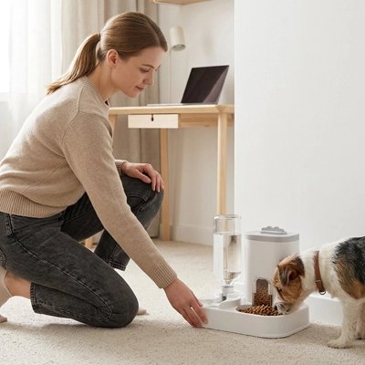 Distributeur de croquettes automatique programmable-petit chien devant qui mange-