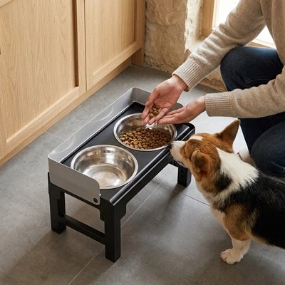 Gamelle chien surélevée – chien devant la gamelle remplie, main humaine donnant à manger côté droit