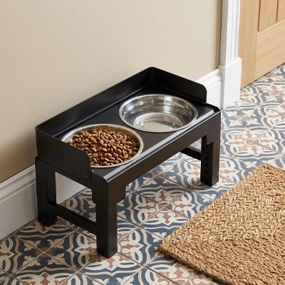 Gamelle chien surélevée – bol rempli de croquettes avec rebord protecteur noir
