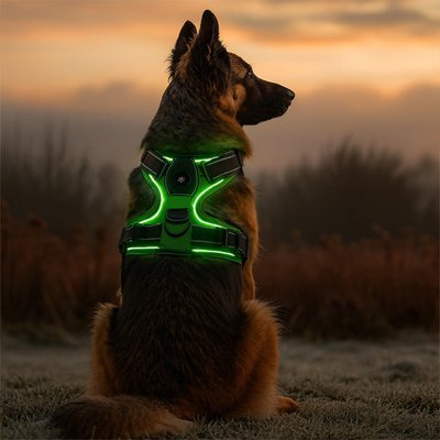 Harnais lumineux vert vue dos chien assis | Confort Sécurisé - Galaxie Des Chiens