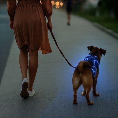 Harnais lumineux porté debout bleu vue dos chien | Confort Sécurisé - Galaxie Des Chiens