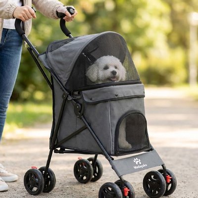 Poussette chien grise-poignées ergonomiques et réglable pour une tenue de route sans souffrances -8 roues multidirectionnelles avec système de frein-rrmbourrage-confortable-protection contre les intempéries -