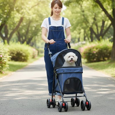 Poussette chien bleue ajourée -8 roues multidirectionnelle très résistantes avec système de frein sur toutes les roues -