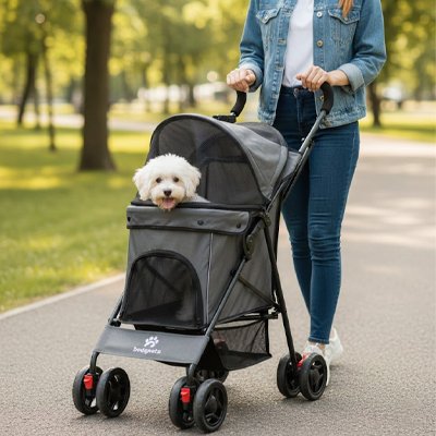 Poussette chien grise multidirectionnelle 