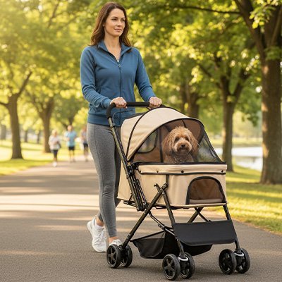  Poussette pour chien -Pliable Confort - vue latérale avec roues- Galaxie Des Chiens