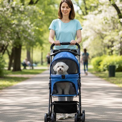 Poussette pour chien Pliable Confort - chien installé confortablement | Galaxie Des Chiens